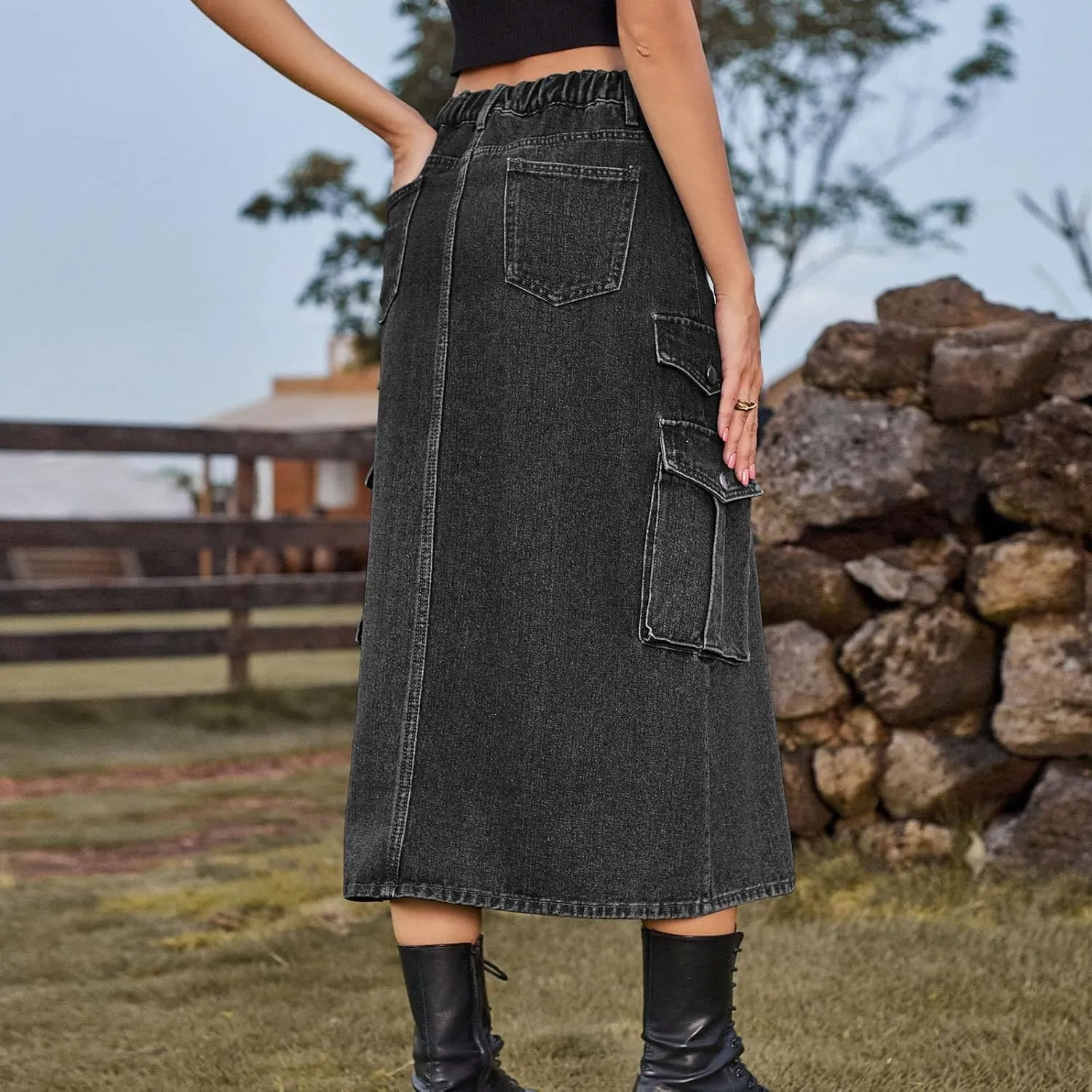 NATHGAM Women's Casual Denim Skirt High Waist Split Front Long Jean Summer Skirts Baggy Wide Leg Jean Skirt Denim Cargo Skirt
