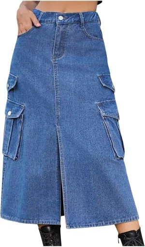 NATHGAM Women's Casual Denim Skirt High Waist Split Front Long Jean Summer Skirts Baggy Wide Leg Jean Skirt Denim Cargo Skirt