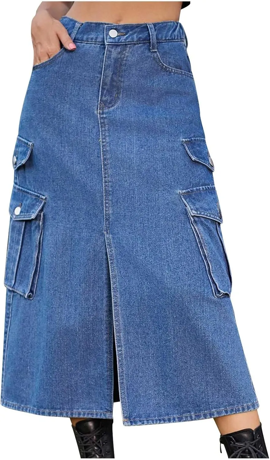 NATHGAM Women's Casual Denim Skirt High Waist Split Front Long Jean Summer Skirts Baggy Wide Leg Jean Skirt Denim Cargo Skirt
