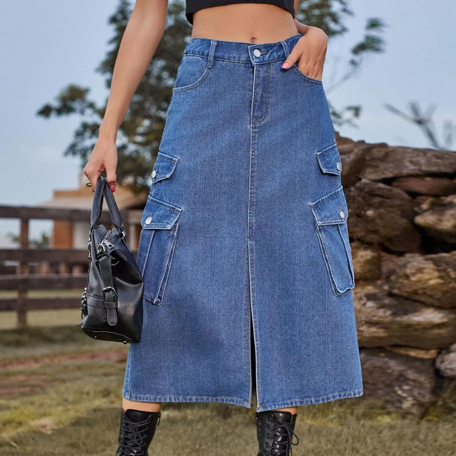NATHGAM Women's Casual Denim Skirt High Waist Split Front Long Jean Summer Skirts Baggy Wide Leg Jean Skirt Denim Cargo Skirt
