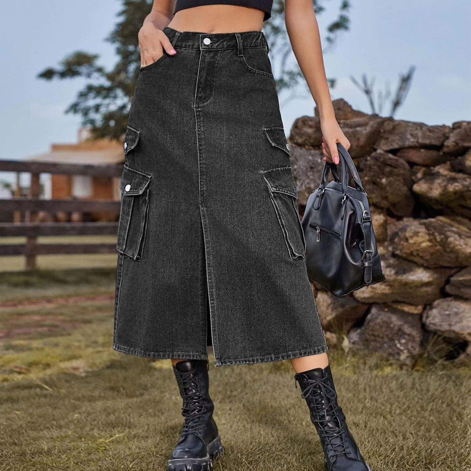 NATHGAM Women's Casual Denim Skirt High Waist Split Front Long Jean Summer Skirts Baggy Wide Leg Jean Skirt Denim Cargo Skirt