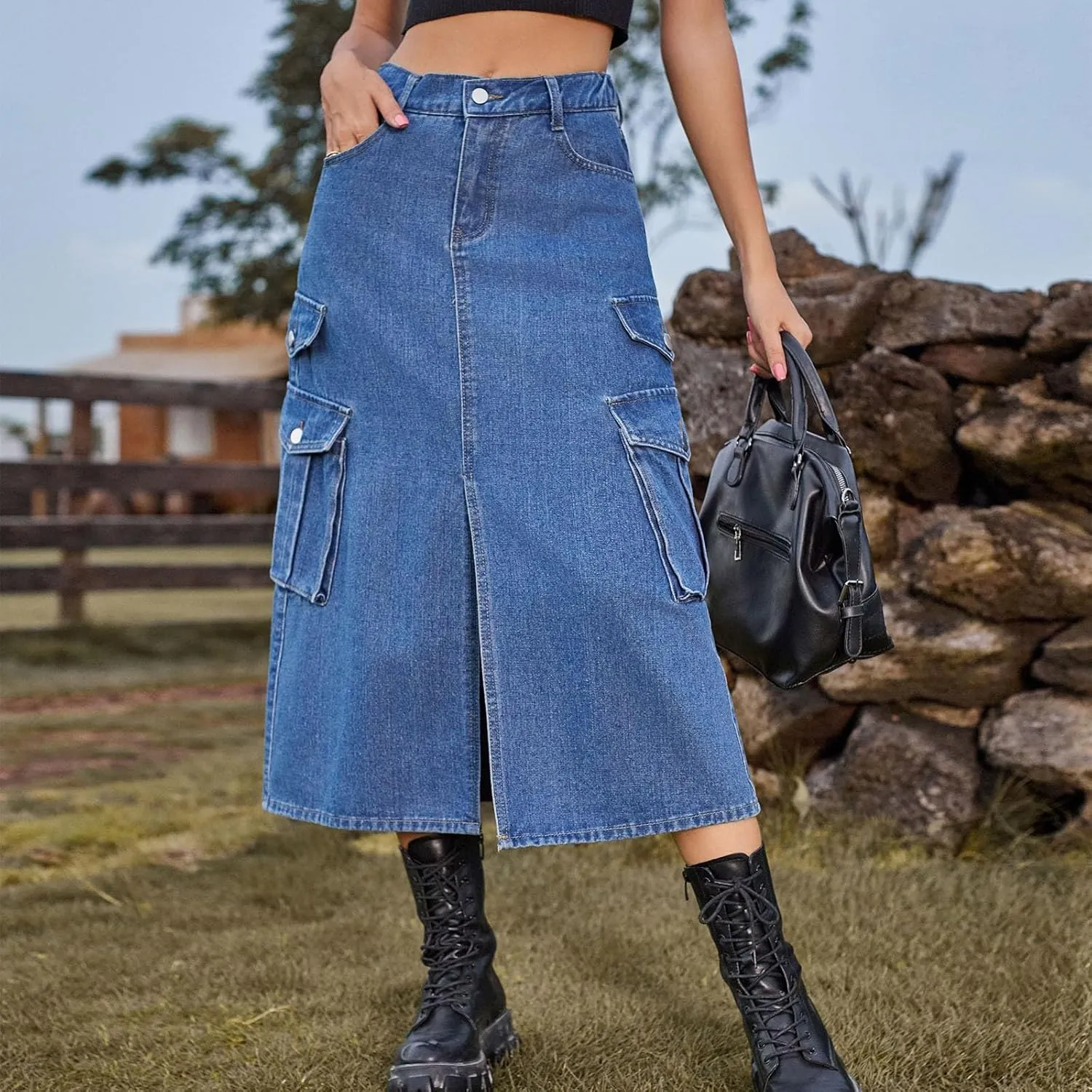 NATHGAM Women's Casual Denim Skirt High Waist Split Front Long Jean Summer Skirts Baggy Wide Leg Jean Skirt Denim Cargo Skirt
