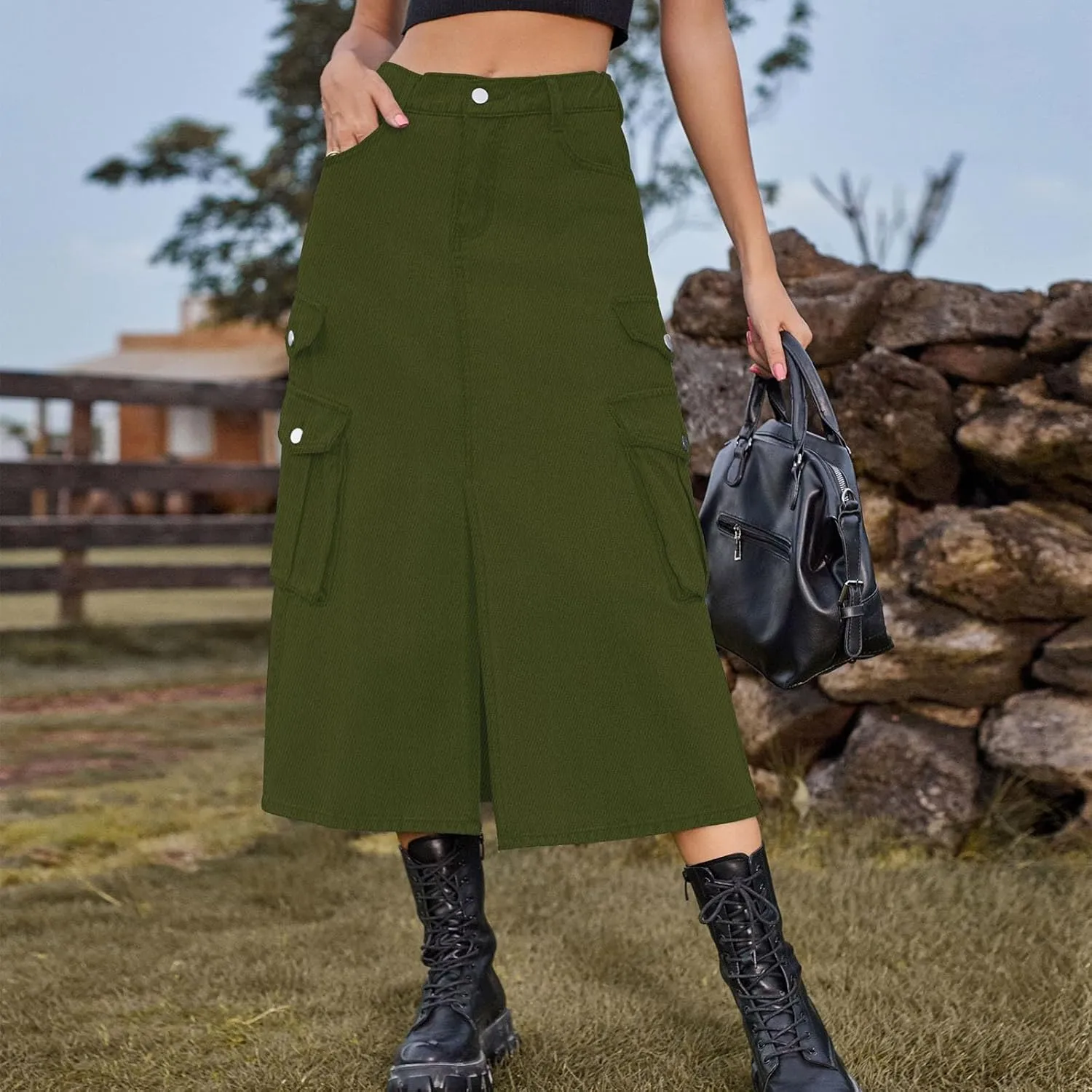NATHGAM Women's Casual Denim Skirt High Waist Split Front Long Jean Summer Skirts Baggy Wide Leg Jean Skirt Denim Cargo Skirt