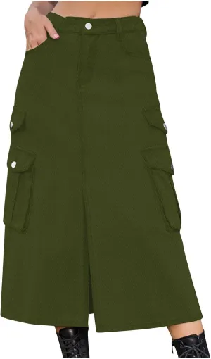 NATHGAM Women's Casual Denim Skirt High Waist Split Front Long Jean Summer Skirts Baggy Wide Leg Jean Skirt Denim Cargo Skirt