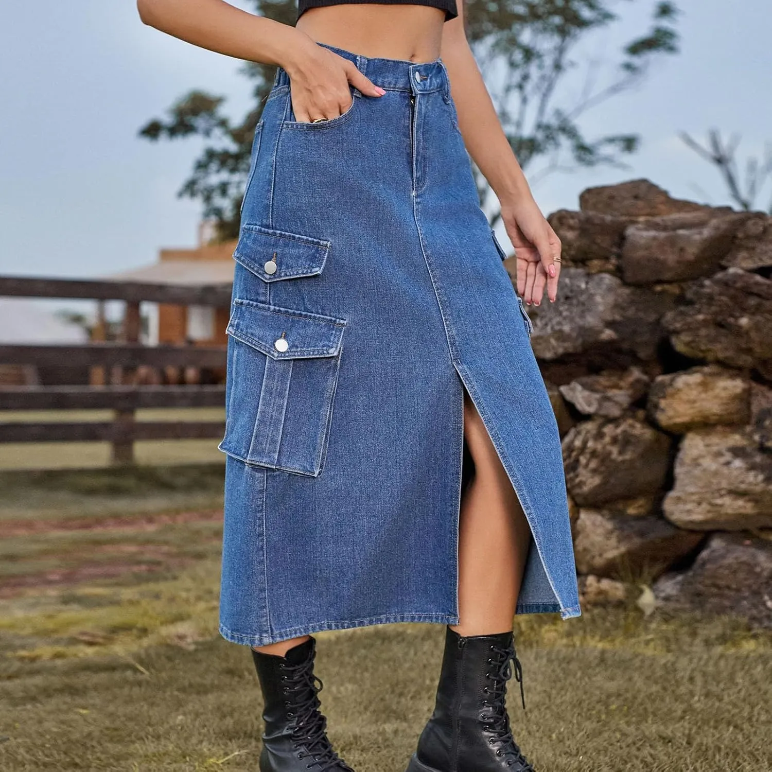 NATHGAM Women's Casual Denim Skirt High Waist Split Front Long Jean Summer Skirts Baggy Wide Leg Jean Skirt Denim Cargo Skirt