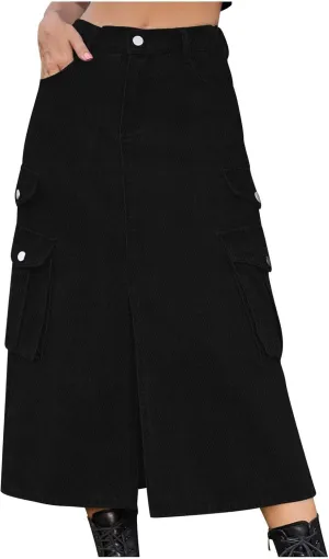 NATHGAM Women's Casual Denim Skirt High Waist Split Front Long Jean Summer Skirts Baggy Wide Leg Jean Skirt Denim Cargo Skirt