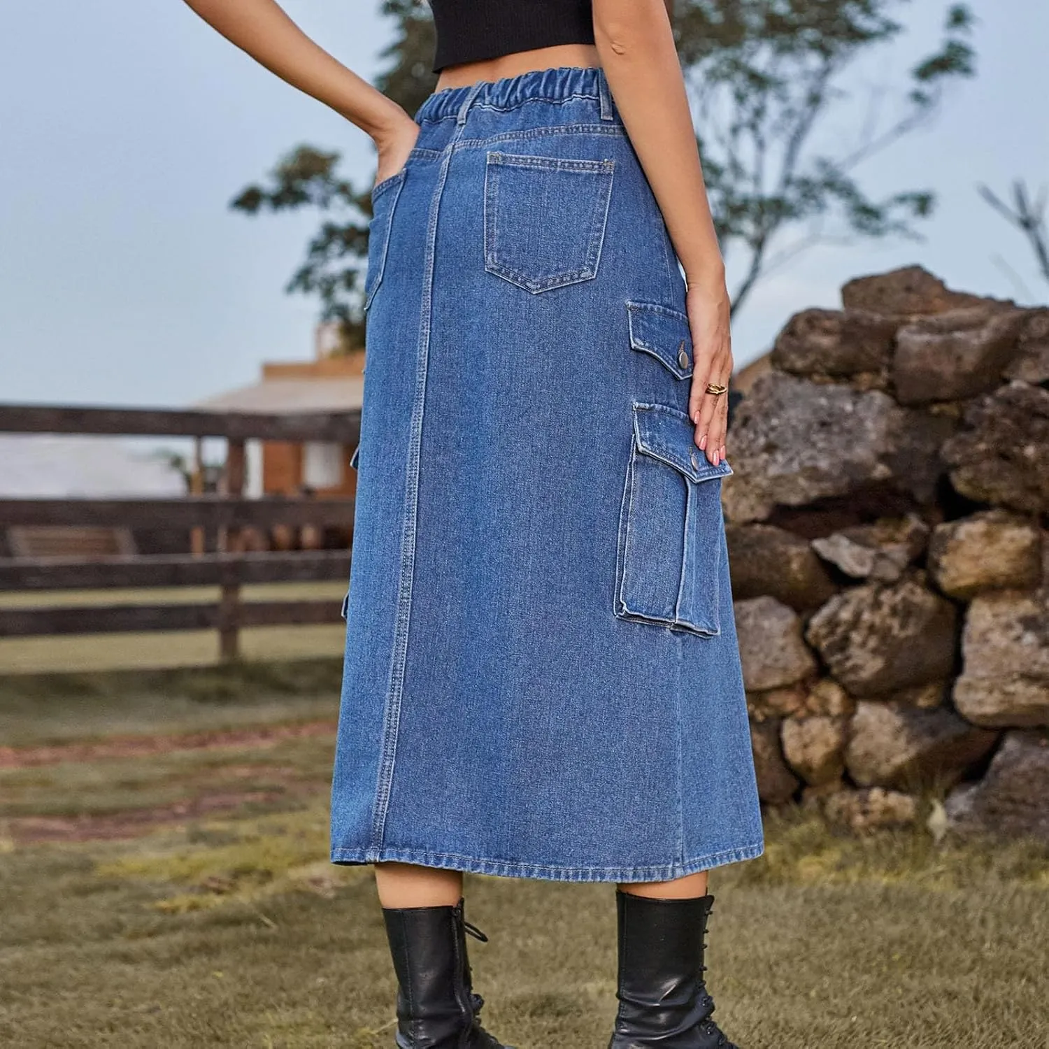 NATHGAM Women's Casual Denim Skirt High Waist Split Front Long Jean Summer Skirts Baggy Wide Leg Jean Skirt Denim Cargo Skirt