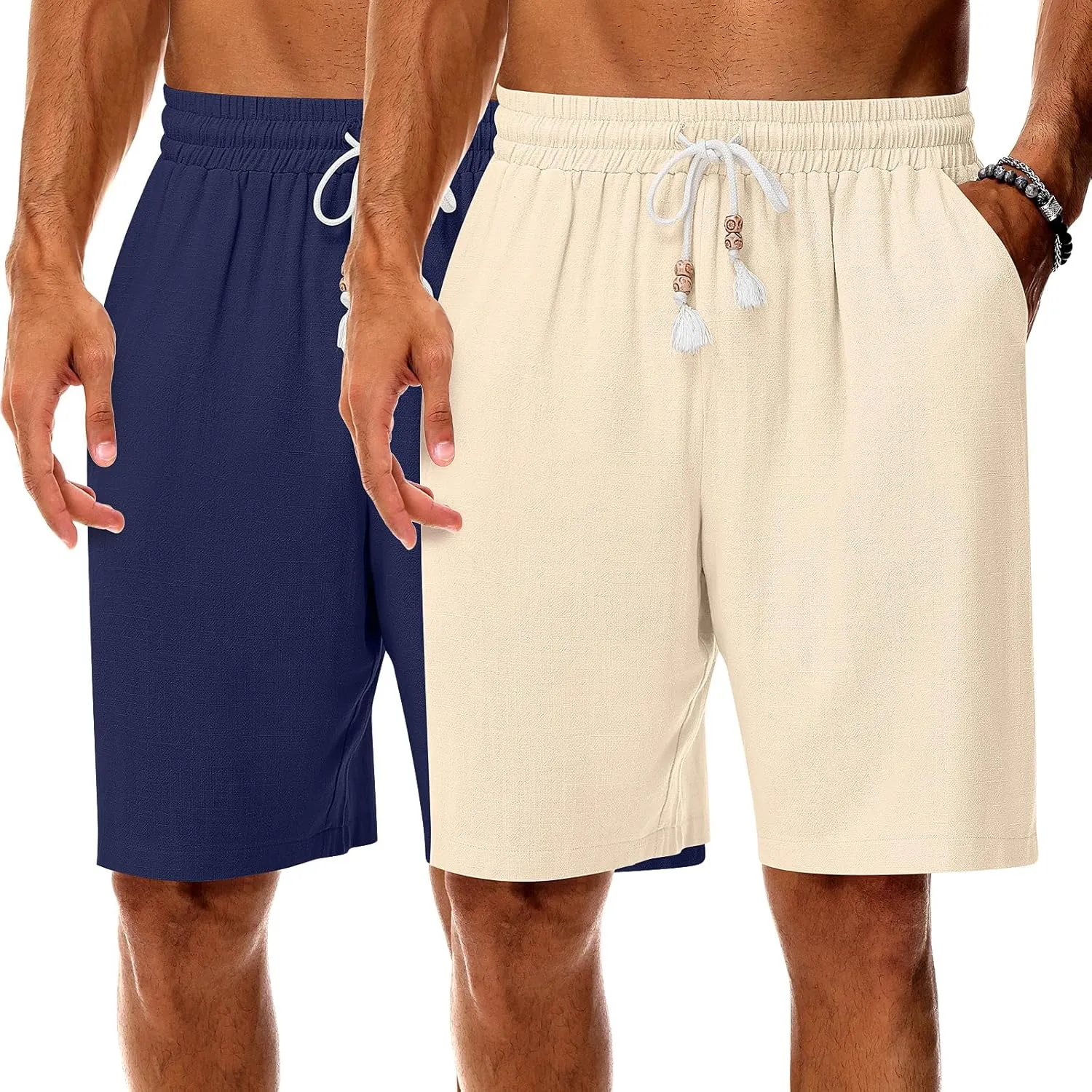Neer 2 Pack Men's Linen Shorts, Casual Lightweight Drawstring Shorts 9 Inch Inseam Elastic Waist Short Pants with Pockets