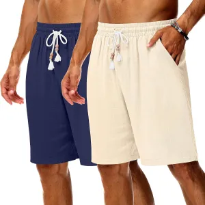 Neer 2 Pack Men's Linen Shorts, Casual Lightweight Drawstring Shorts 9 Inch Inseam Elastic Waist Short Pants with Pockets