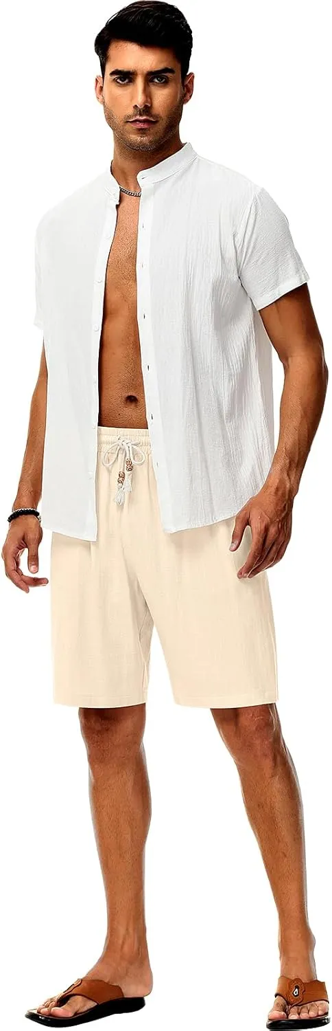 Neer 2 Pack Men's Linen Shorts, Casual Lightweight Drawstring Shorts 9 Inch Inseam Elastic Waist Short Pants with Pockets