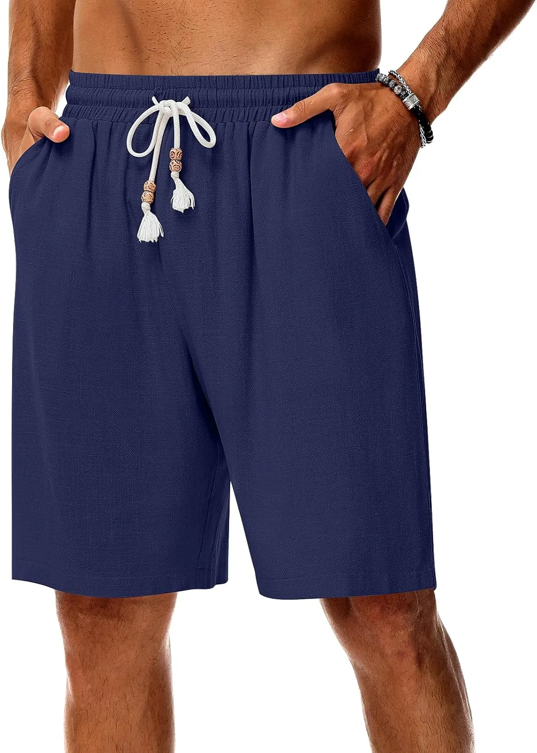 Neer 2 Pack Men's Linen Shorts, Casual Lightweight Drawstring Shorts 9 Inch Inseam Elastic Waist Short Pants with Pockets