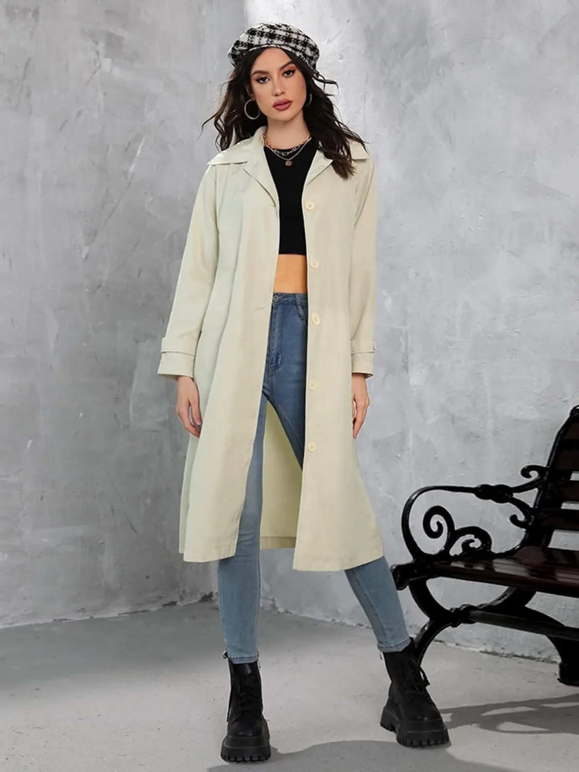 NOBRIM Jackets for Women - Collared Button Up Trench Coat (Color : Beige, Size : X-Large)