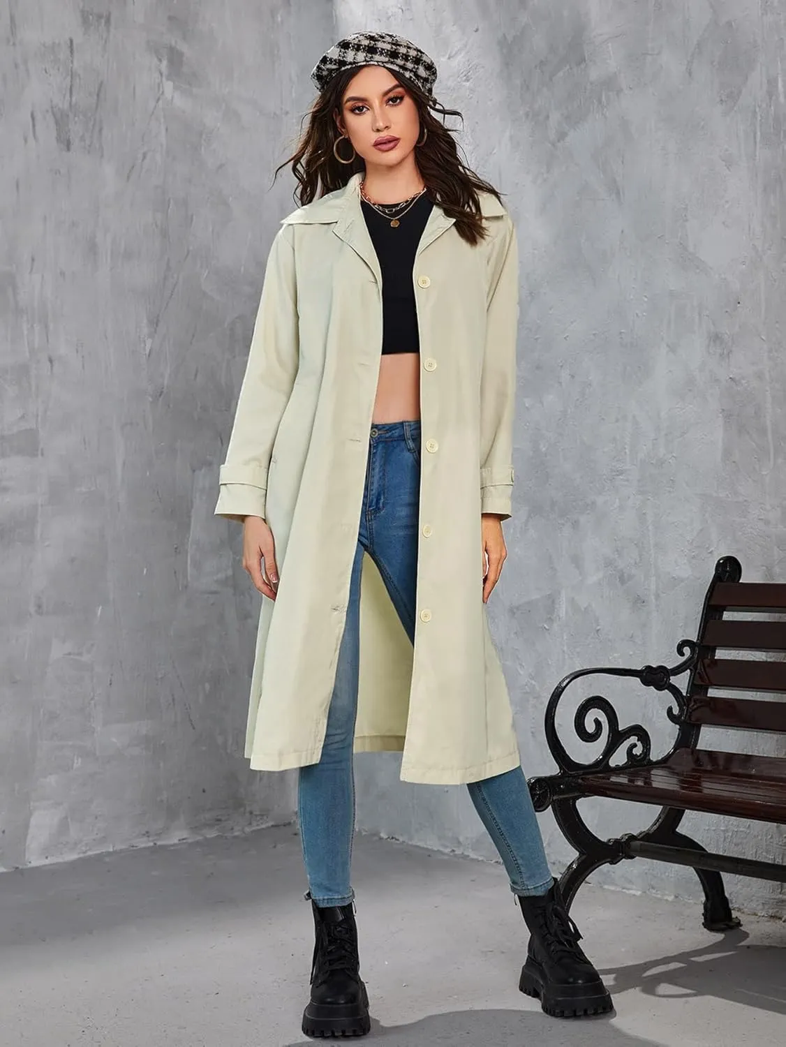 NOBRIM Jackets for Women - Collared Button Up Trench Coat (Color : Beige, Size : X-Large)