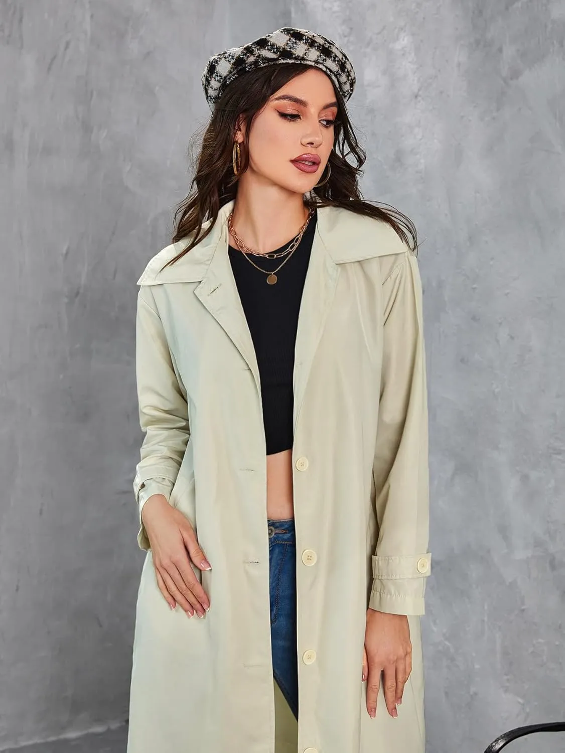 NOBRIM Jackets for Women - Collared Button Up Trench Coat (Color : Beige, Size : X-Large)