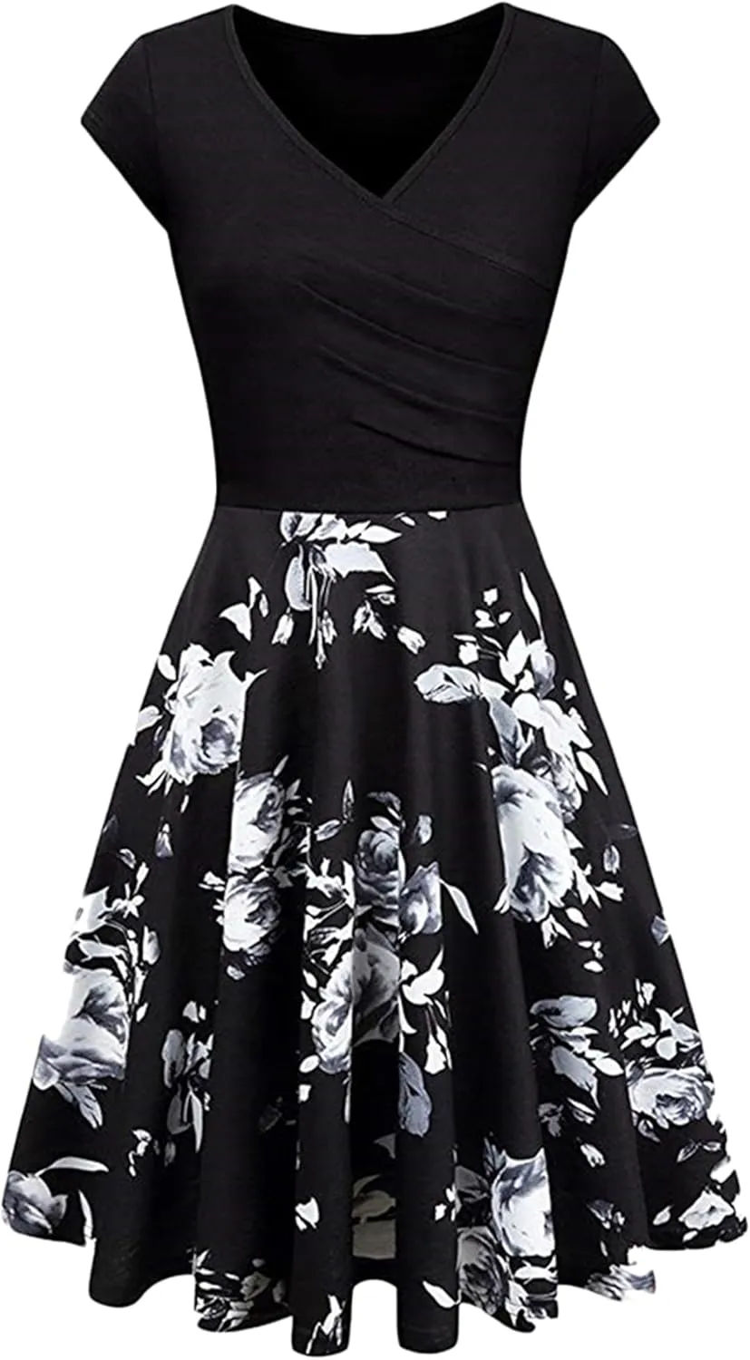 OMZIN Lady Classy Cap Sleeve Dresses Vintage Floral Print Dress Floral