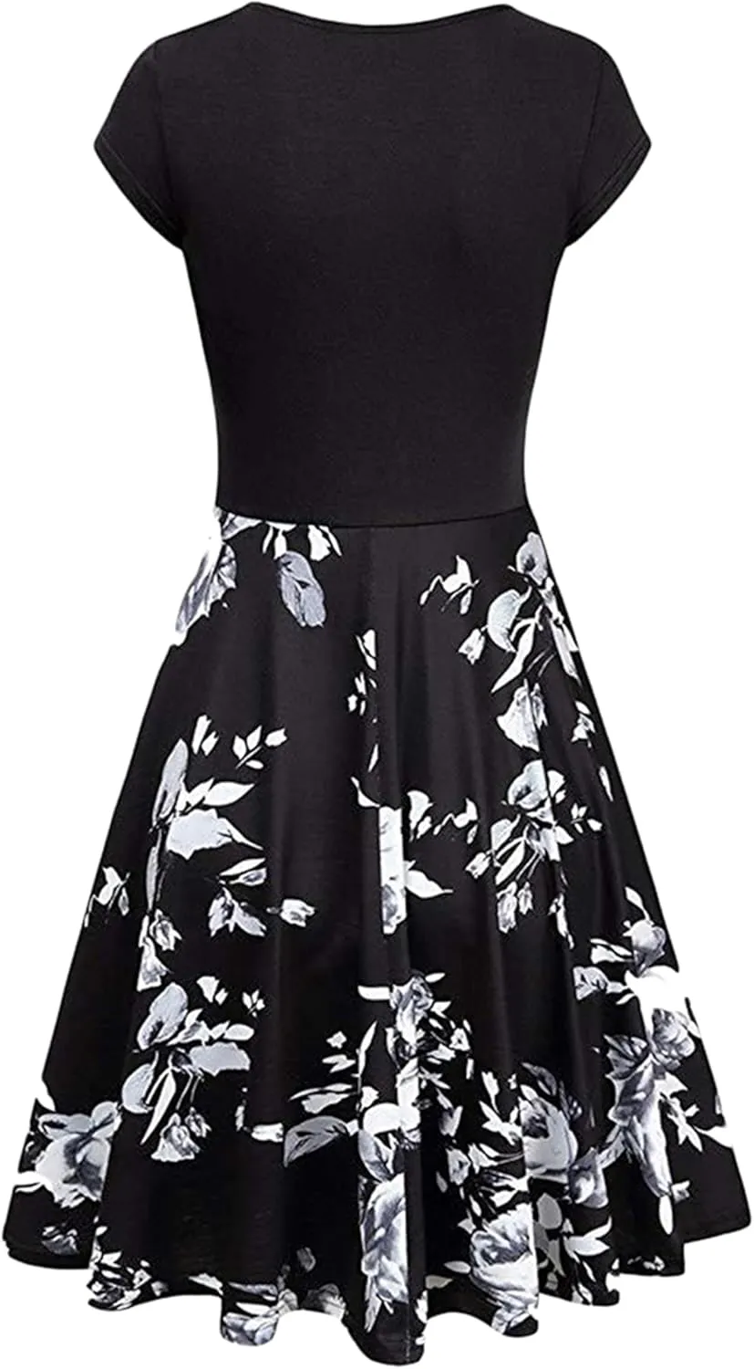 OMZIN Lady Classy Cap Sleeve Dresses Vintage Floral Print Dress Floral