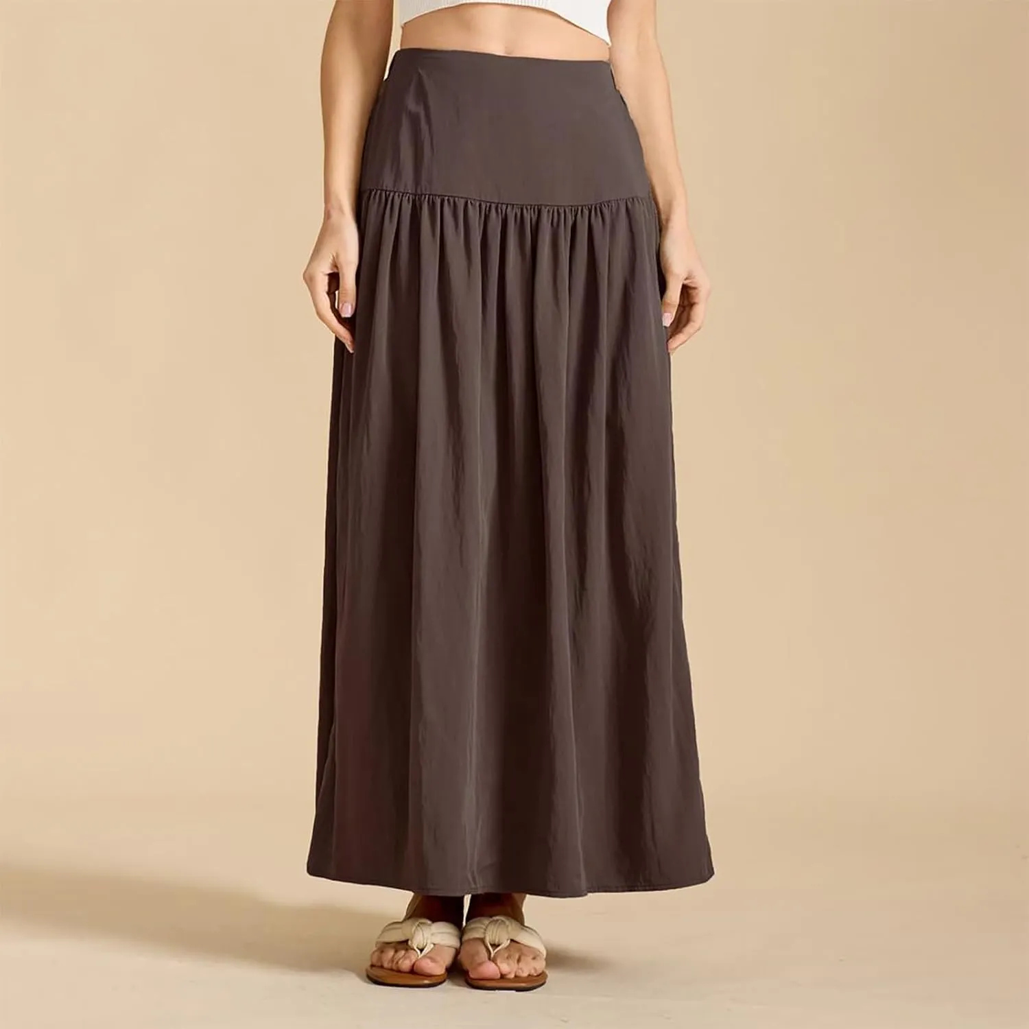 Oplxuo Maxi Skirts for Women Elastic High Waisted Tiered Long Skirt Solid Color Summer Vacation Casual Flowy Skirts