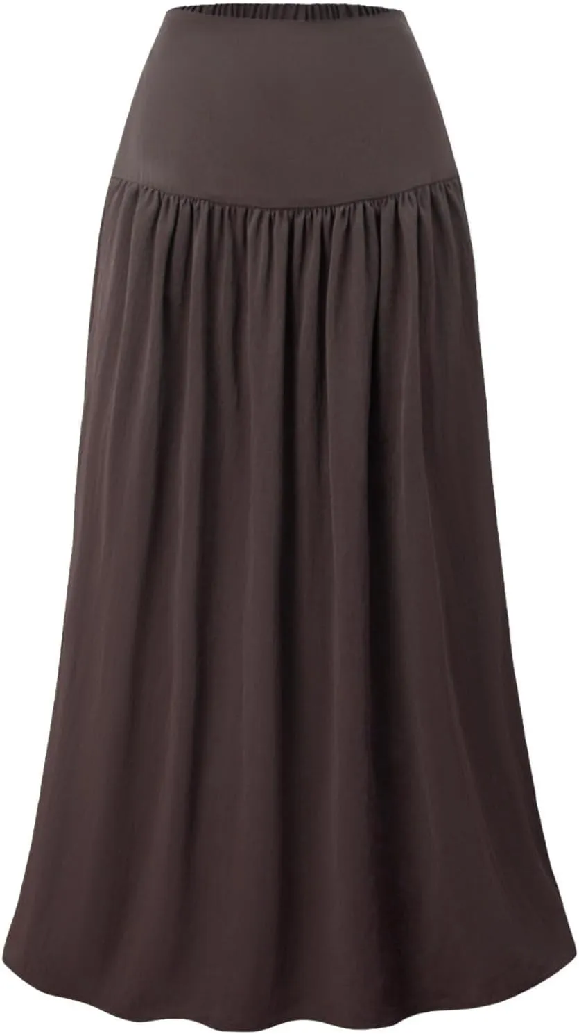 Oplxuo Maxi Skirts for Women Elastic High Waisted Tiered Long Skirt Solid Color Summer Vacation Casual Flowy Skirts