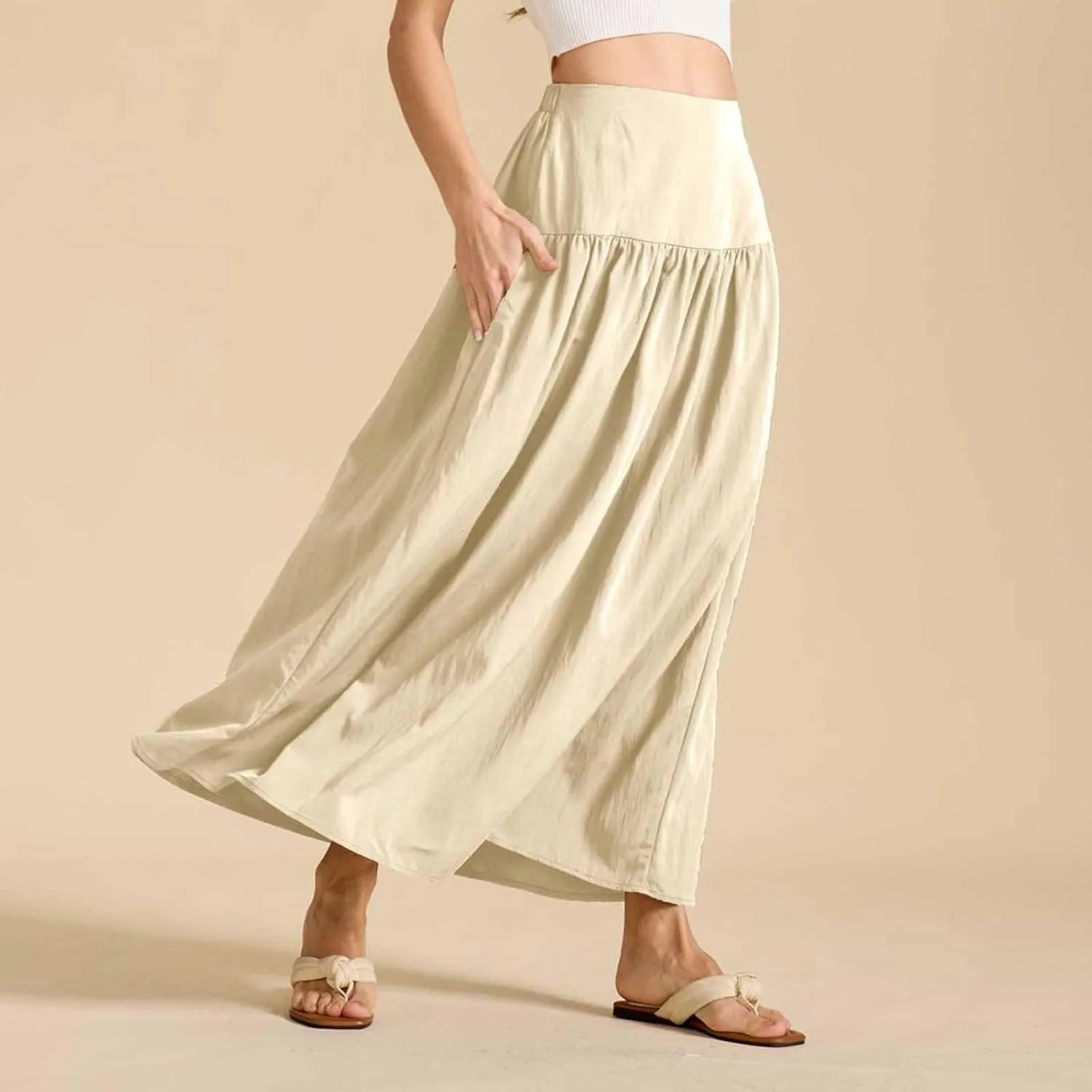 Oplxuo Maxi Skirts for Women Elastic High Waisted Tiered Long Skirt Solid Color Summer Vacation Casual Flowy Skirts