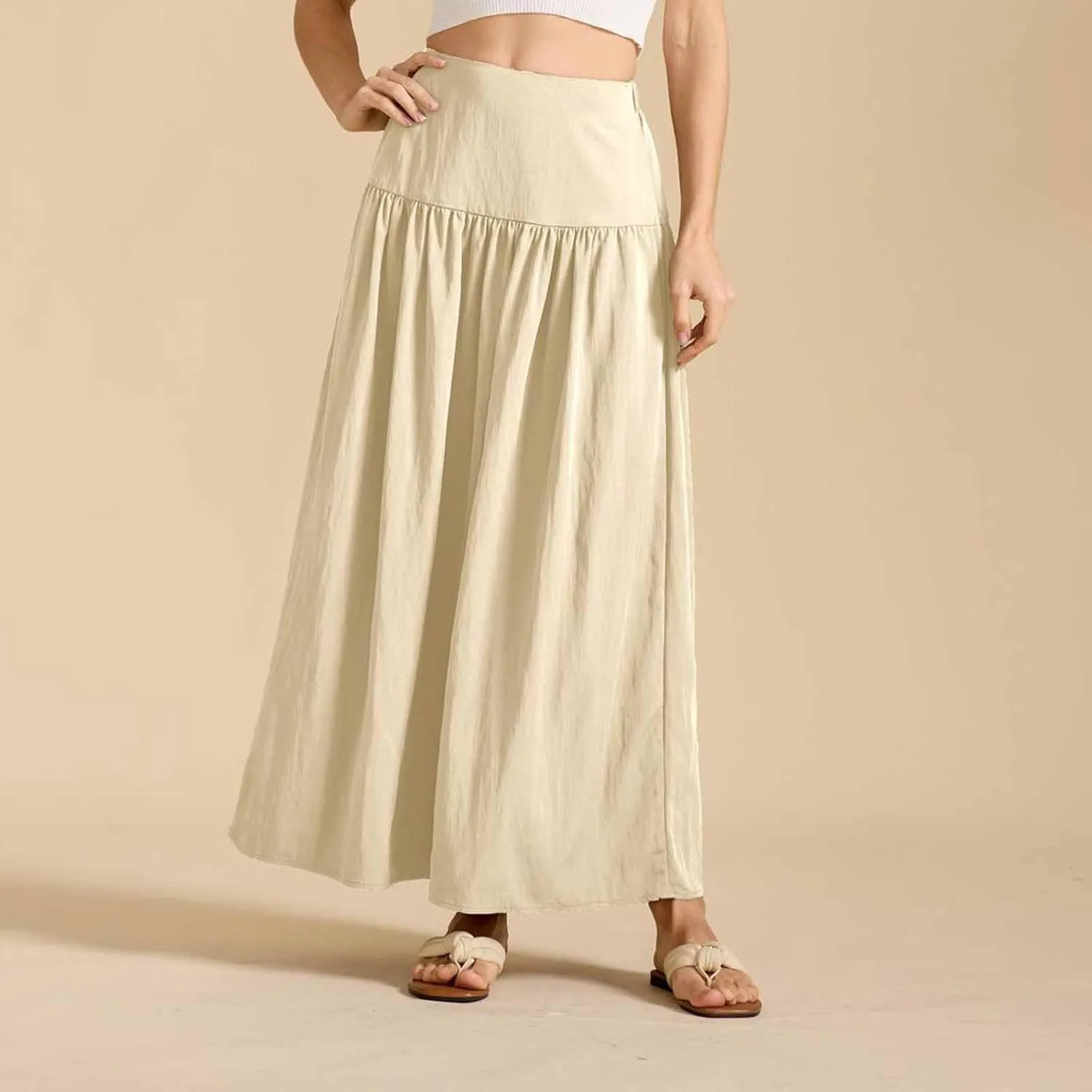 Oplxuo Maxi Skirts for Women Elastic High Waisted Tiered Long Skirt Solid Color Summer Vacation Casual Flowy Skirts