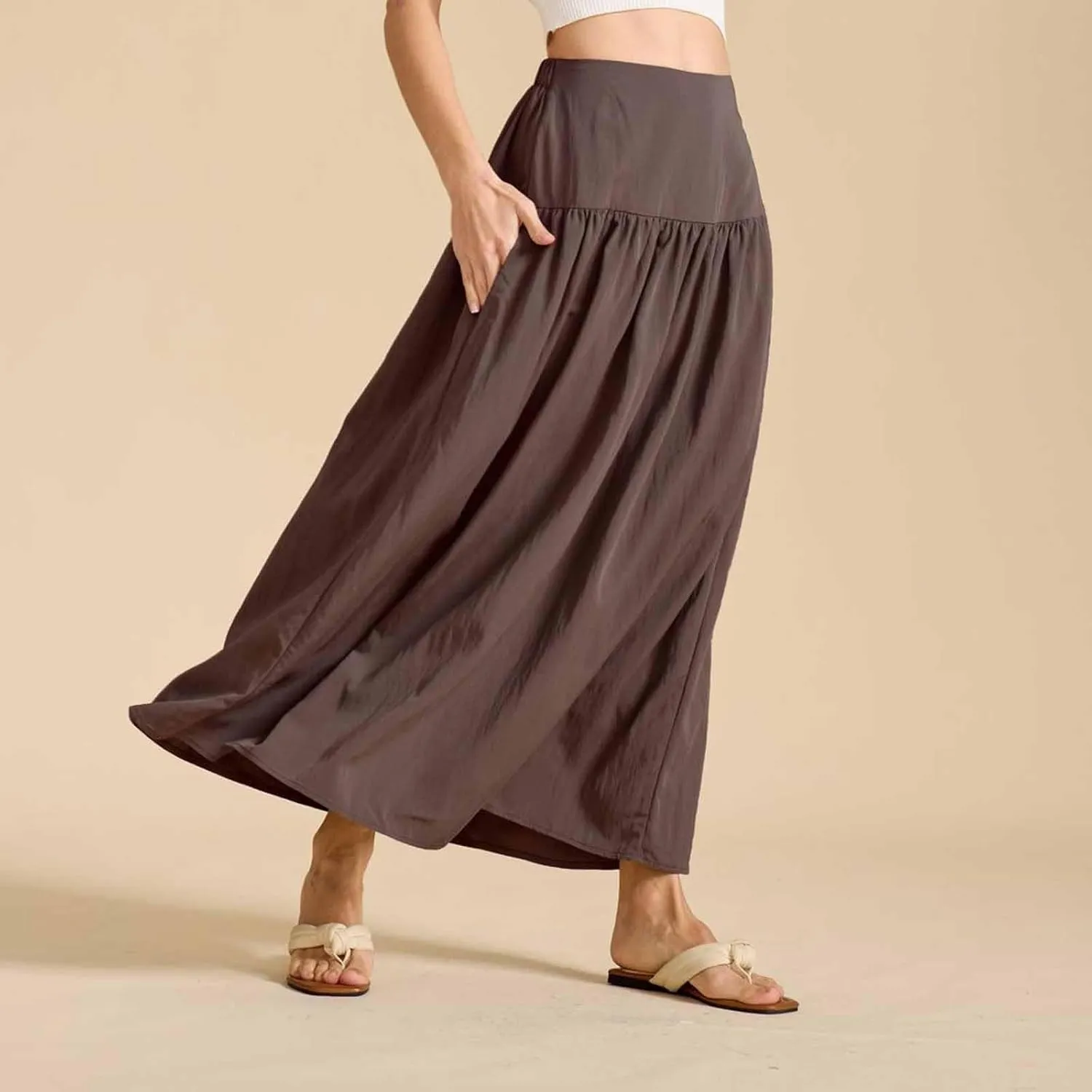 Oplxuo Maxi Skirts for Women Elastic High Waisted Tiered Long Skirt Solid Color Summer Vacation Casual Flowy Skirts
