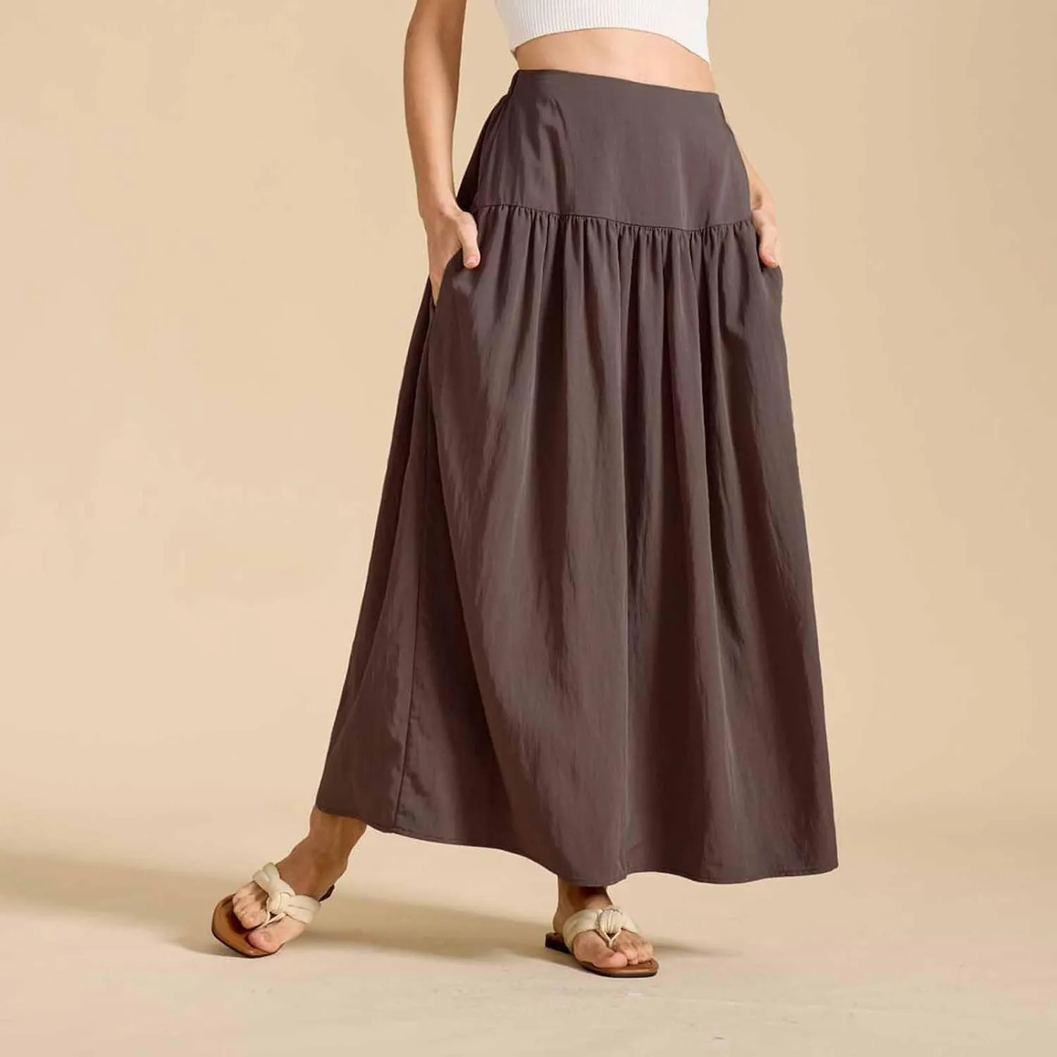 Oplxuo Maxi Skirts for Women Elastic High Waisted Tiered Long Skirt Solid Color Summer Vacation Casual Flowy Skirts