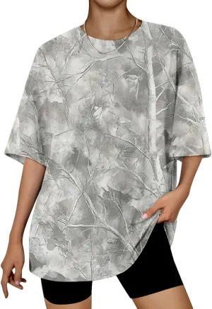 Oversized Camo Shirt Women Maple Leaf Print Shirt Short Sleeve Crewneck Tshirt Casual Summer Tops Tees Streetwear