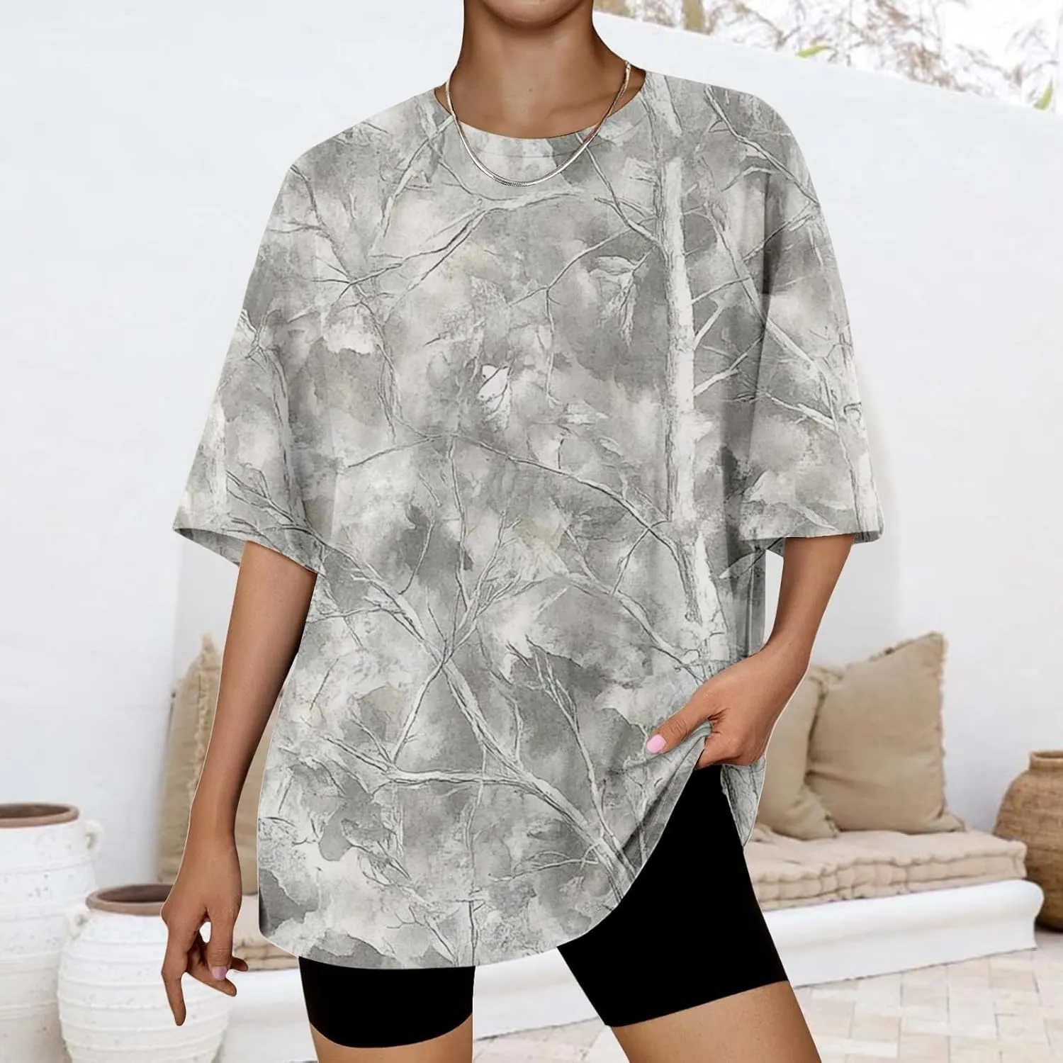 Oversized Camo Shirt Women Maple Leaf Print Shirt Short Sleeve Crewneck Tshirt Casual Summer Tops Tees Streetwear