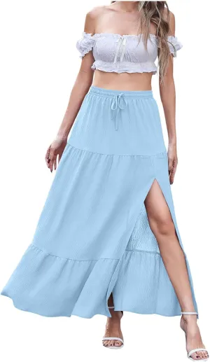Plus Size Maxi Skirts for Women Summer Boho Flowy Tiered A-Line Skirt Casual Fashion Elastic Waist Pleated Dress