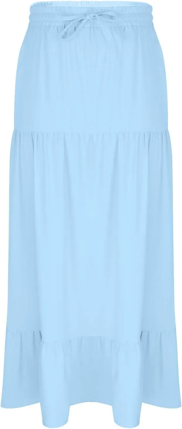 Plus Size Maxi Skirts for Women Summer Boho Flowy Tiered A-Line Skirt Casual Fashion Elastic Waist Pleated Dress