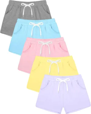 Poroka 5 Pack Girls Athletic Shorts Active Performance Shorts Kids Summer Sports Shorts Running Yoga Shorts with Drawstring