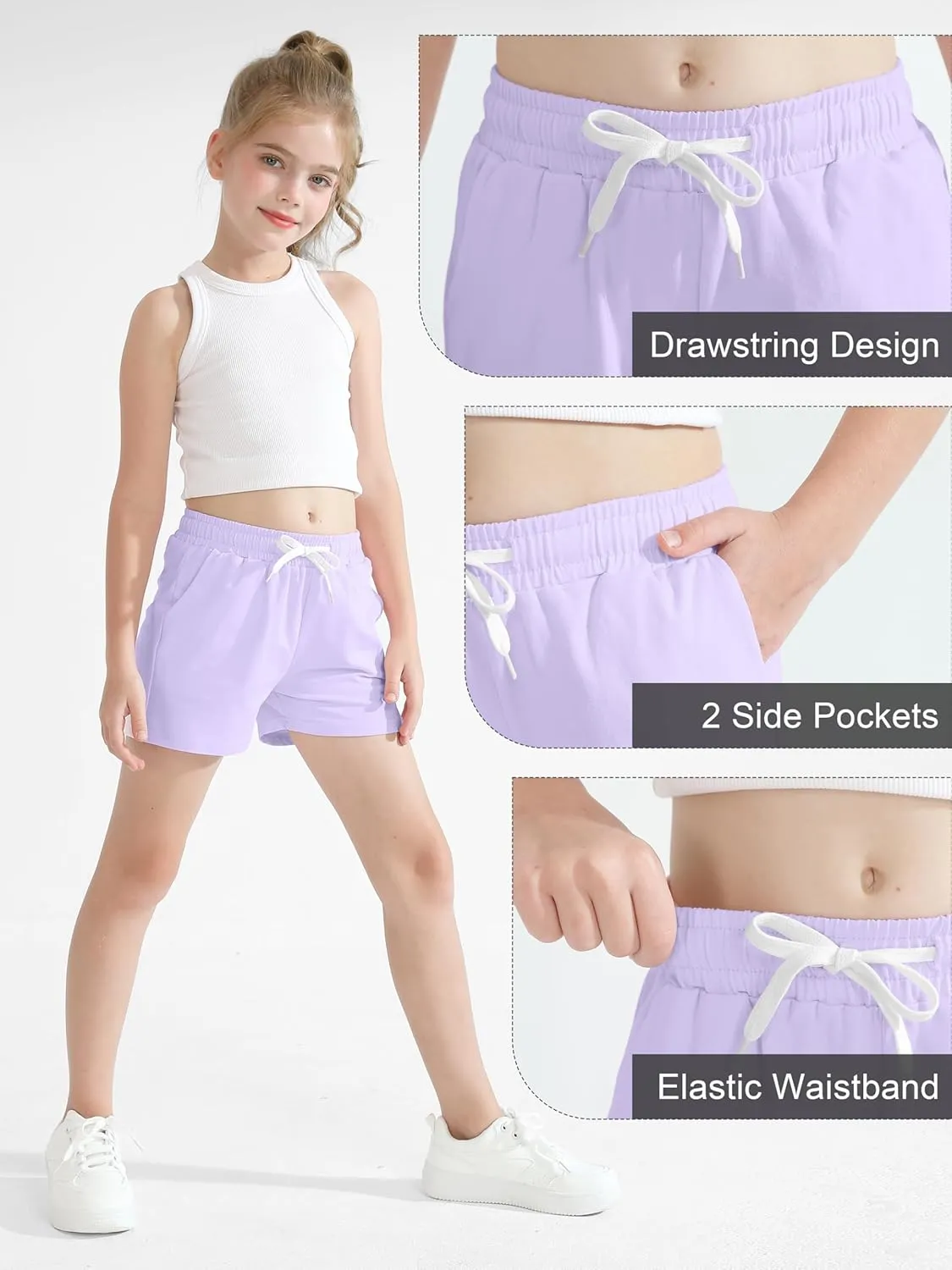 Poroka 5 Pack Girls Athletic Shorts Active Performance Shorts Kids Summer Sports Shorts Running Yoga Shorts with Drawstring