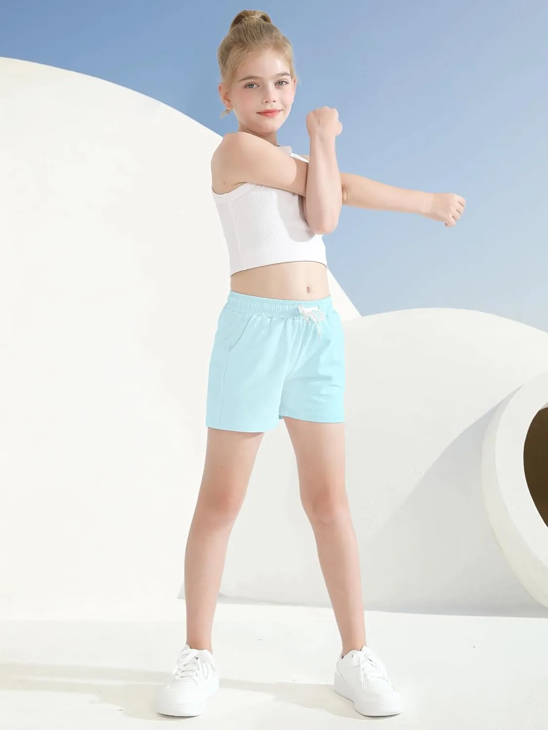 Poroka 5 Pack Girls Athletic Shorts Active Performance Shorts Kids Summer Sports Shorts Running Yoga Shorts with Drawstring