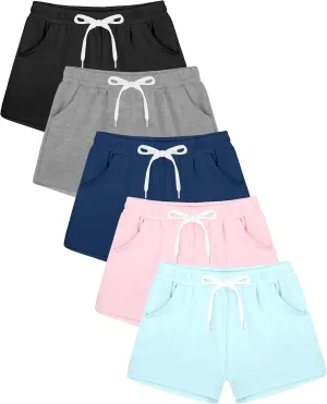 Poroka 5 Pack Girls Athletic Shorts Active Performance Shorts Kids Summer Sports Shorts Running Yoga Shorts with Drawstring
