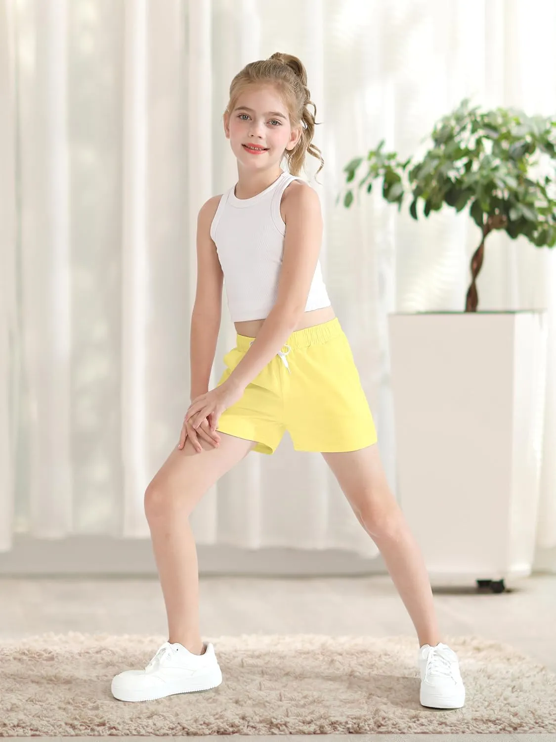 Poroka 5 Pack Girls Athletic Shorts Active Performance Shorts Kids Summer Sports Shorts Running Yoga Shorts with Drawstring