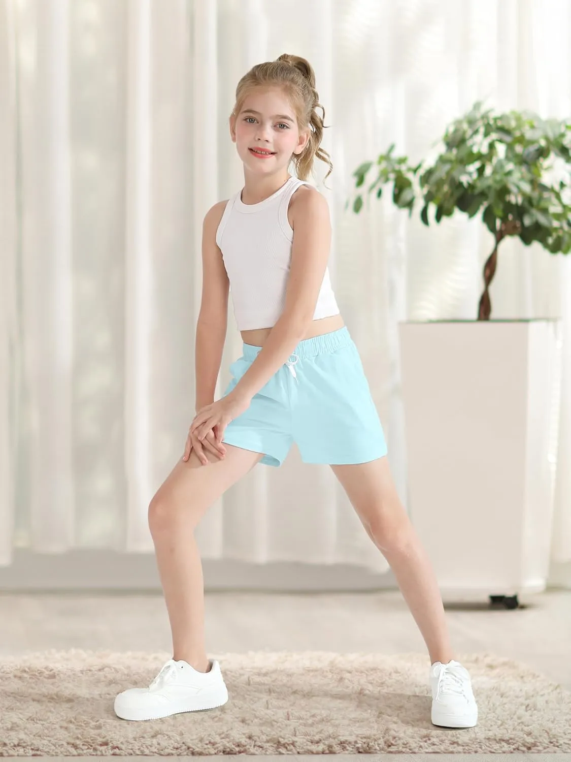 Poroka 5 Pack Girls Athletic Shorts Active Performance Shorts Kids Summer Sports Shorts Running Yoga Shorts with Drawstring