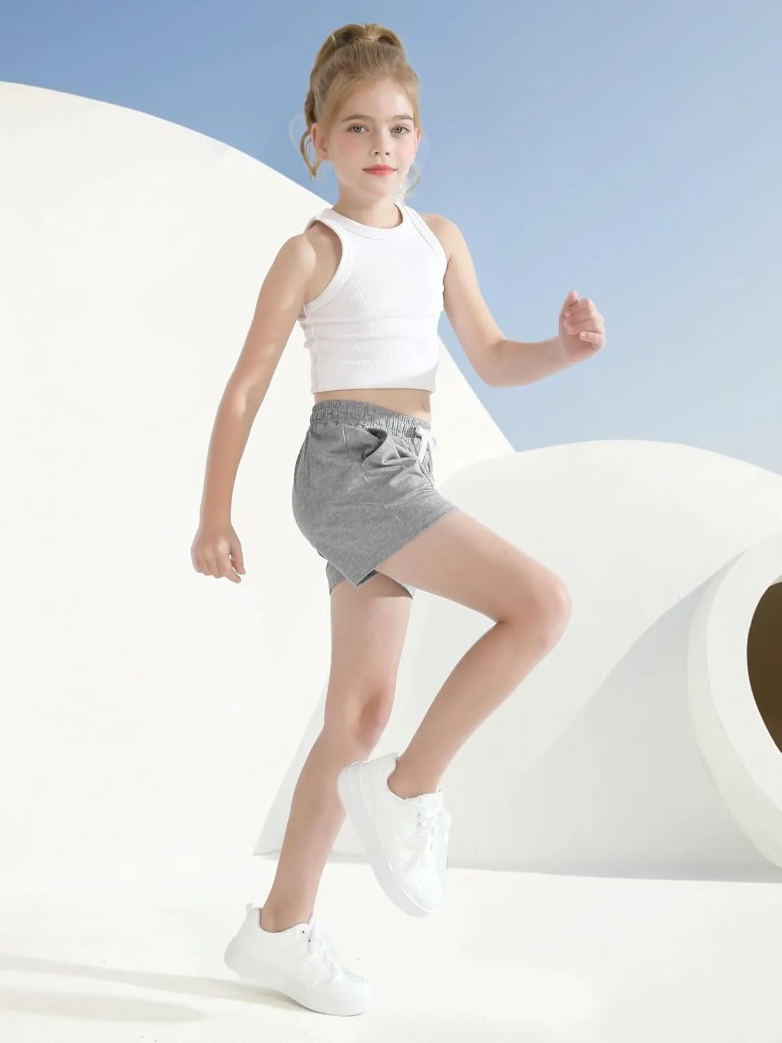 Poroka 5 Pack Girls Athletic Shorts Active Performance Shorts Kids Summer Sports Shorts Running Yoga Shorts with Drawstring