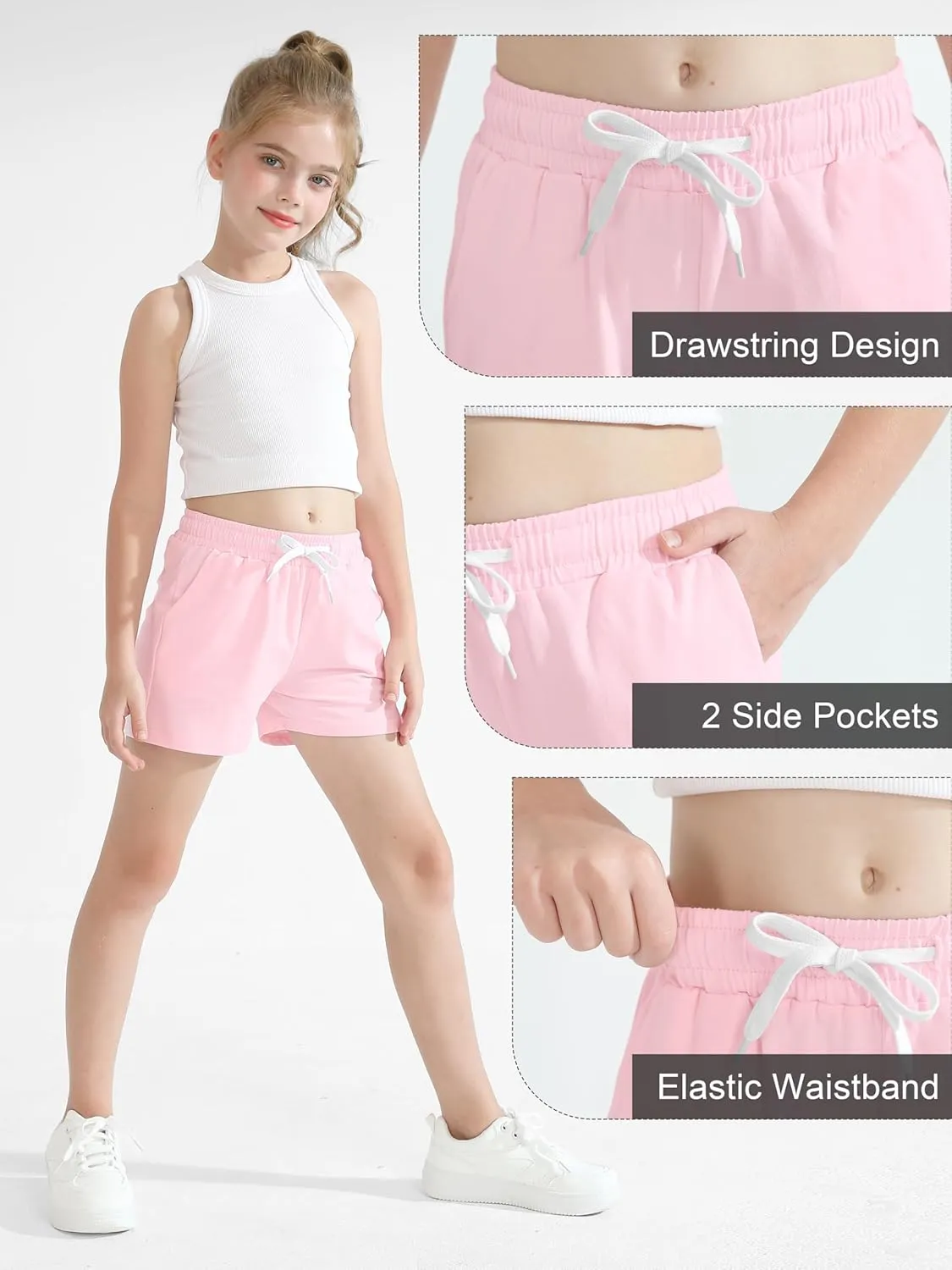 Poroka 5 Pack Girls Athletic Shorts Active Performance Shorts Kids Summer Sports Shorts Running Yoga Shorts with Drawstring