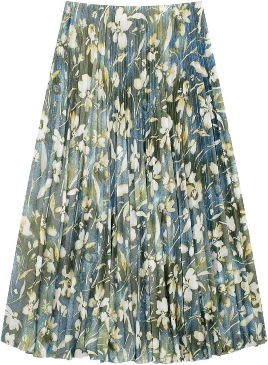 Print Pleated Midi Skirts for Women High Waist Long Skirt Woman Ruched Women's Skirts Spring Women Skirts
