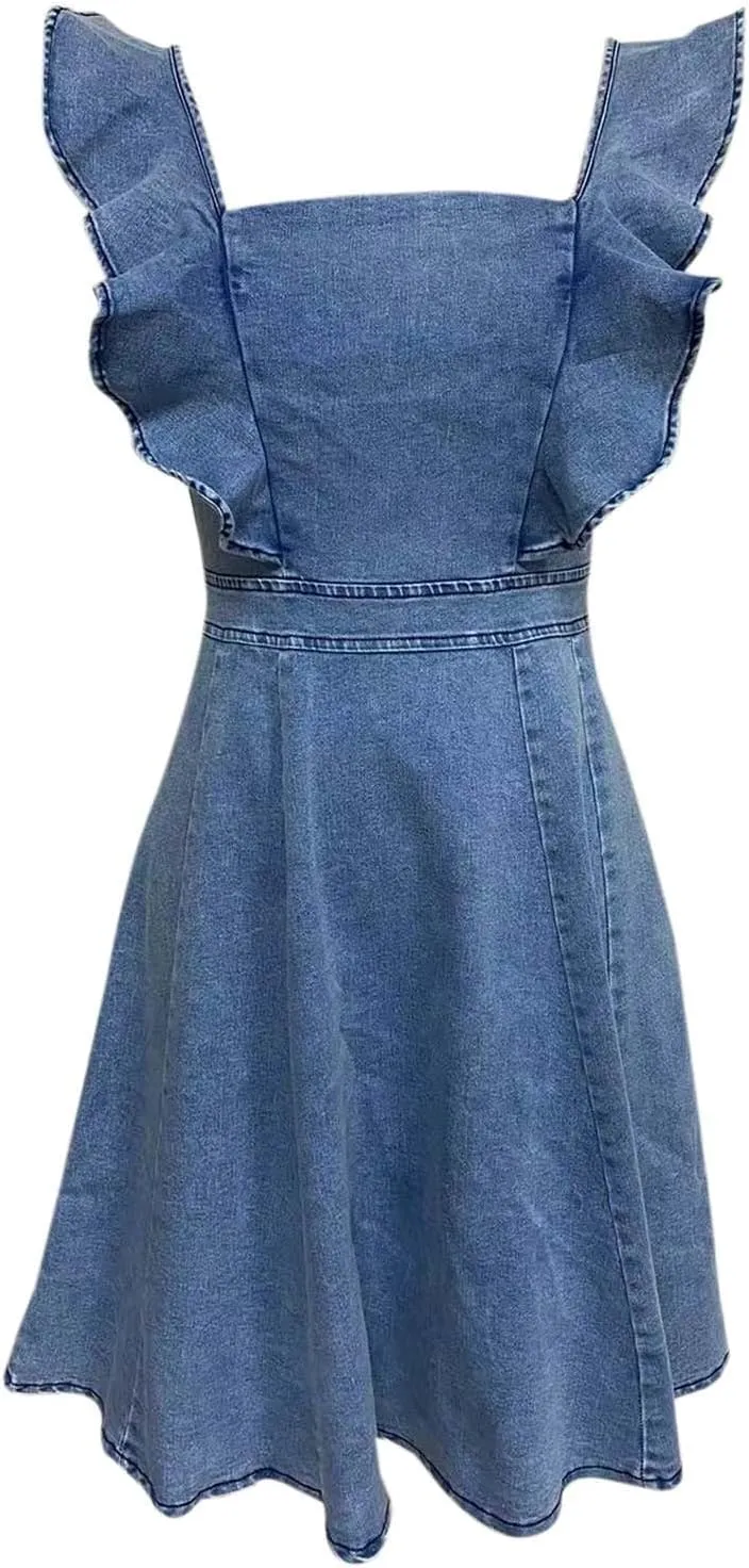 PTOLOCIF Summer Fashion Denim Dress for Women Casual Flowy Sleeve Open Back Jean Sleeveless Dresses for Women Casual