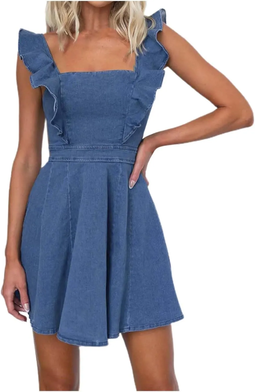 PTOLOCIF Summer Fashion Denim Dress for Women Casual Flowy Sleeve Open Back Jean Sleeveless Dresses for Women Casual