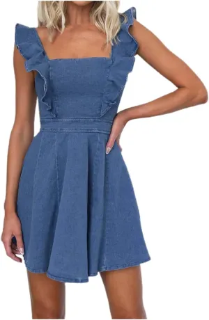 PTOLOCIF Summer Fashion Denim Dress for Women Casual Flowy Sleeve Open Back Jean Sleeveless Dresses for Women Casual