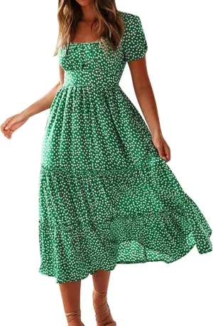 PTOLOCIF Women 2024 Casual Maxi Dress Casual Square Neck Ruffle Smocked Boho Flowy Dress Short Sleeve Floral Print Sundresses
