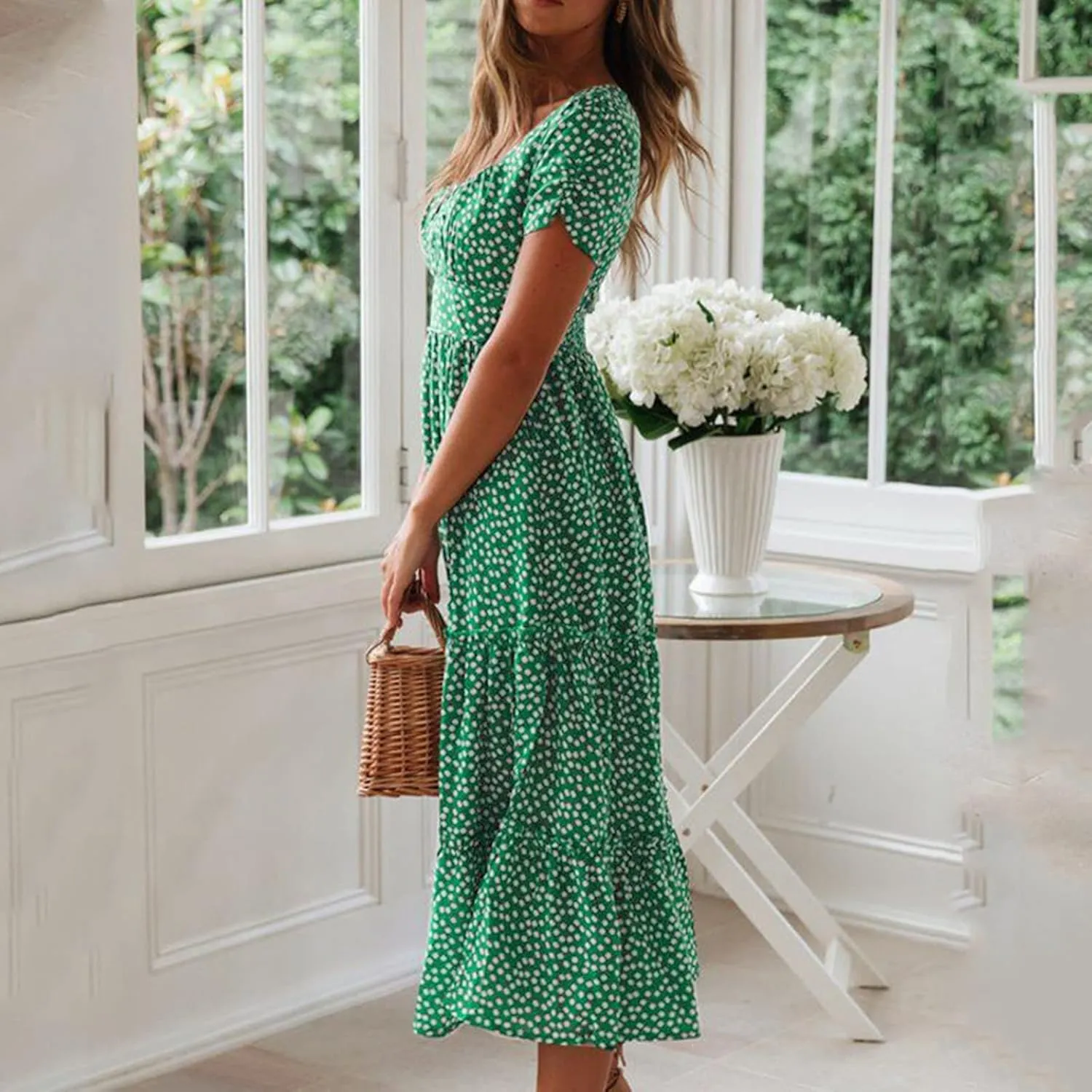 PTOLOCIF Women 2024 Casual Maxi Dress Casual Square Neck Ruffle Smocked Boho Flowy Dress Short Sleeve Floral Print Sundresses