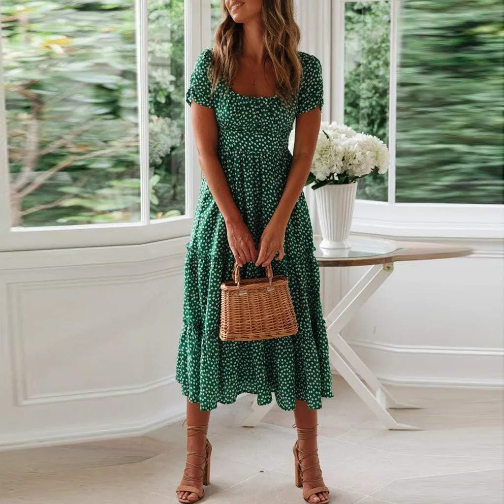 PTOLOCIF Women 2024 Casual Maxi Dress Casual Square Neck Ruffle Smocked Boho Flowy Dress Short Sleeve Floral Print Sundresses