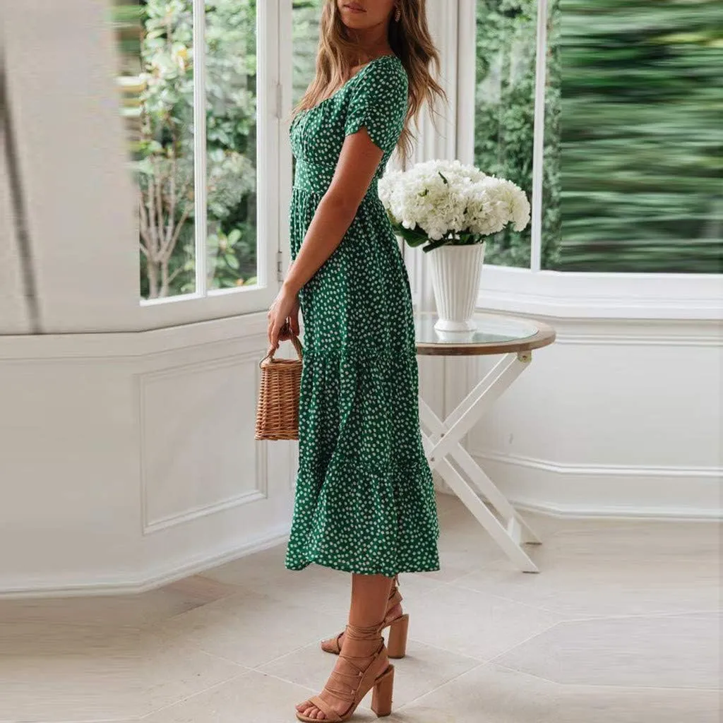 PTOLOCIF Women 2024 Casual Maxi Dress Casual Square Neck Ruffle Smocked Boho Flowy Dress Short Sleeve Floral Print Sundresses