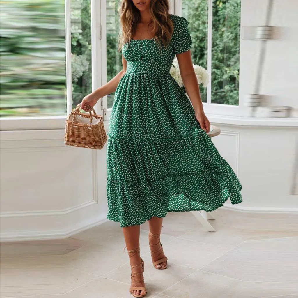 PTOLOCIF Women 2024 Casual Maxi Dress Casual Square Neck Ruffle Smocked Boho Flowy Dress Short Sleeve Floral Print Sundresses