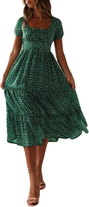 PTOLOCIF Women 2024 Casual Maxi Dress Casual Square Neck Ruffle Smocked Boho Flowy Dress Short Sleeve Floral Print Sundresses
