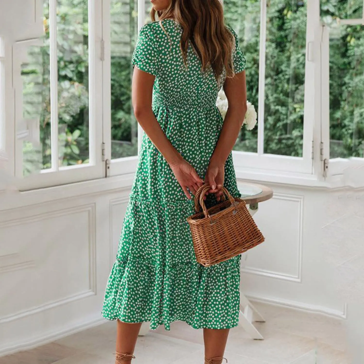 PTOLOCIF Women 2024 Casual Maxi Dress Casual Square Neck Ruffle Smocked Boho Flowy Dress Short Sleeve Floral Print Sundresses