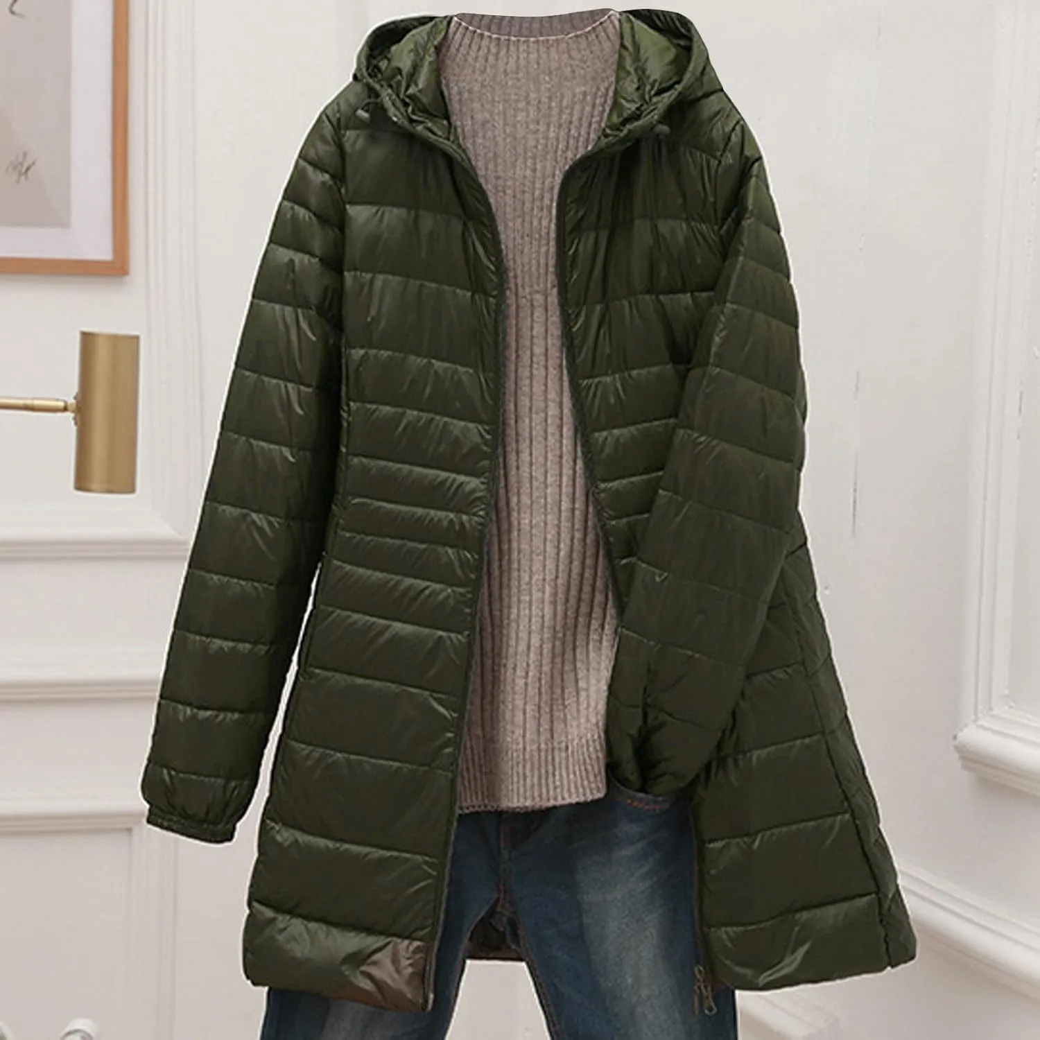 Puffer Jackets Women Lightweight Full Zipper Quilted Jacket Long Sleeve down Jackets Winter Outerwear with Hood